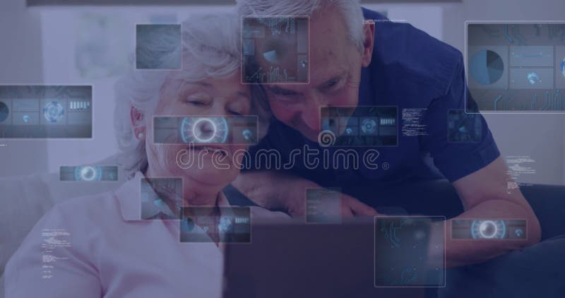 Utilisation d'ordinateur portable avec animation couple âgé explorant l'interface numérique futuriste banque de vidéos
