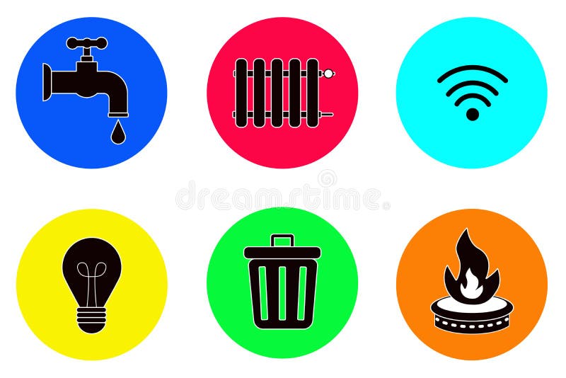 Utilities, Icons Vector Gas Electricity Water Heating Garbage