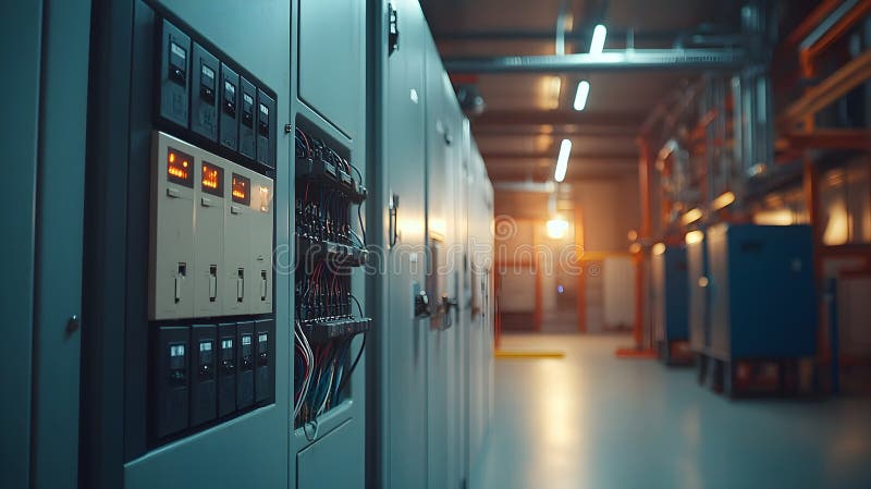 Electrical panel in utility room with connected devices in view. Generative AI stock images