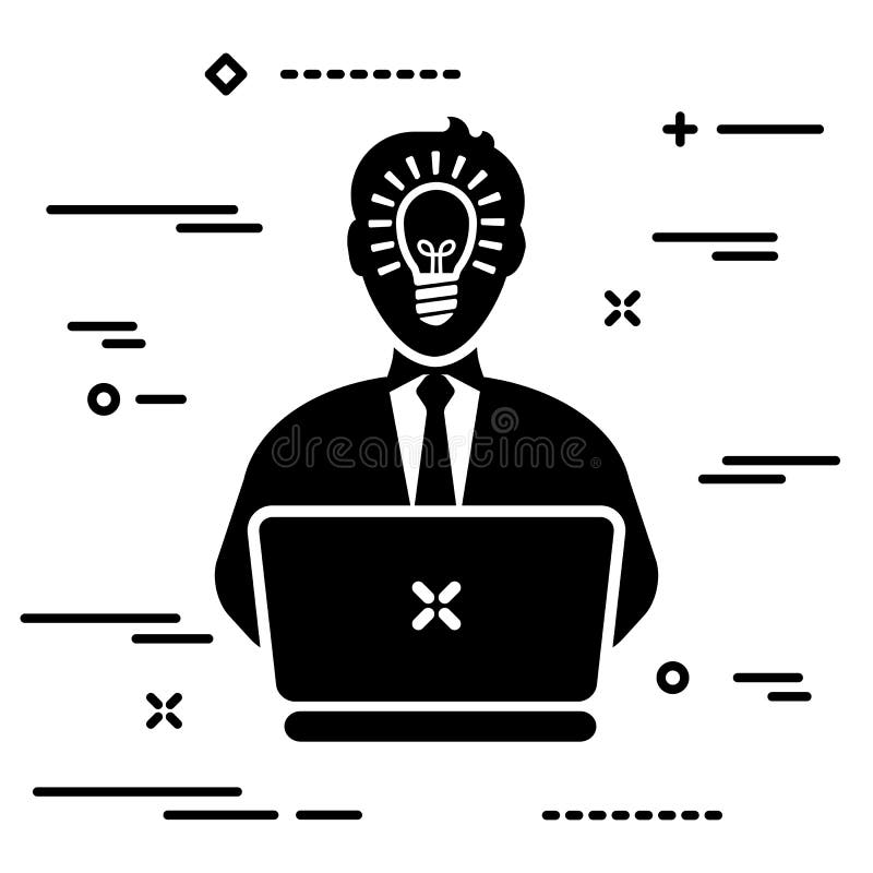 Utilizador com lâmpada interior de cabeça e gravata que trabalha no computador portátil, ilustração do conceito de pessoa inspira ilustração royalty free Utilizador com lâmpada interior de cabeça e gravata que trabalha no computador portátil, ilustração do conceito de pessoa inspira ilustração royalty free