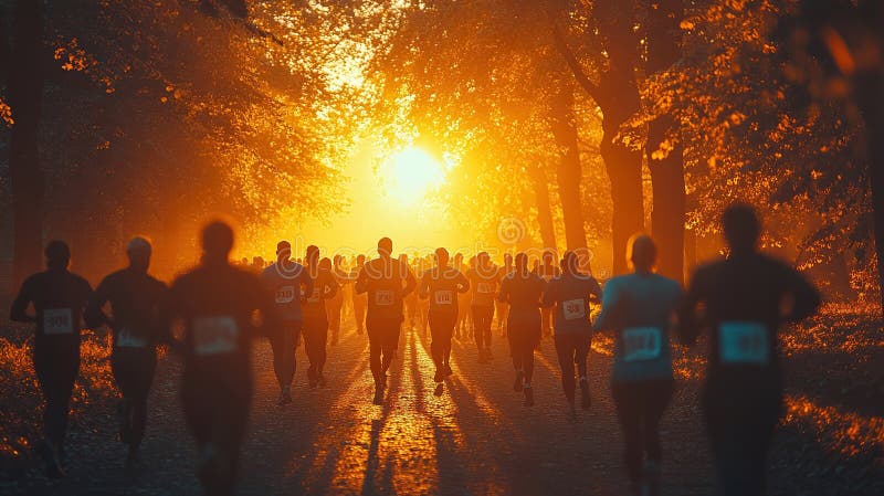 Utlöpare som är silhuetterade vid soluppgång under ett maraton i en park vektor illustrationer