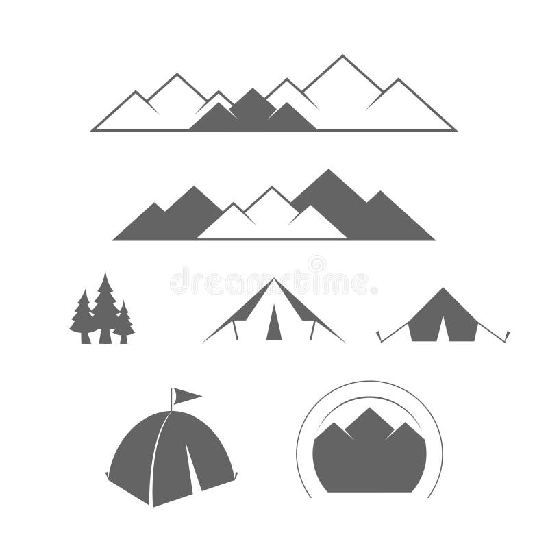 Utomhus- eller bergaffärsföretag och Forest Expeditions för campa, Alpin turism Uppsättning för vektordesignbeståndsdelar för dig vektor illustrationer Utomhus- eller bergaffärsföretag och Forest Expeditions för campa, Alpin turism Uppsättning för vektordesignbeståndsdelar för dig vektor illustrationer