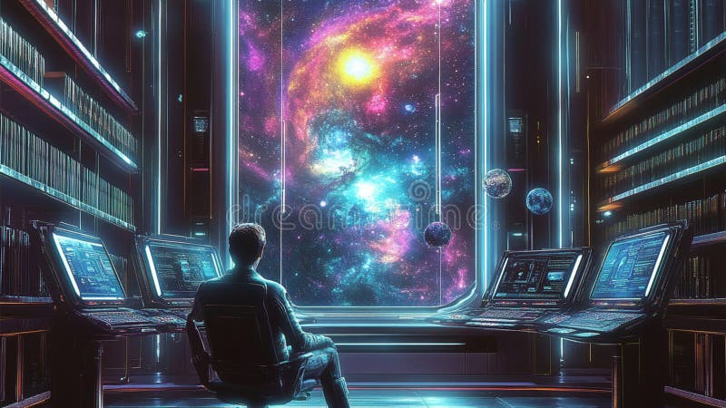 Utomjordisk och förstulen man i ett kosmiskt kontorsbibliotek med datorer som drömmer om att bli stjärndominerade i en galaktisk u stock illustrationer