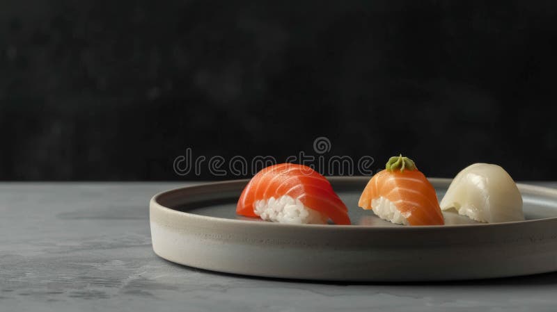 Utomordentlig sushi-presentation på en minimalistisk platta som visar upp kulinariska konst och smakkoncept arkivbilder