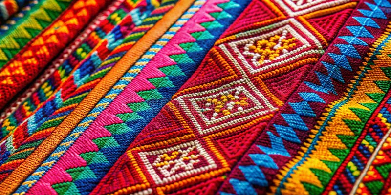 Utomordentliga colombianska textilier som avslöjar vibrant- och formgivning och traditionell sydamerikansk vävningsteknik i stock illustrationer