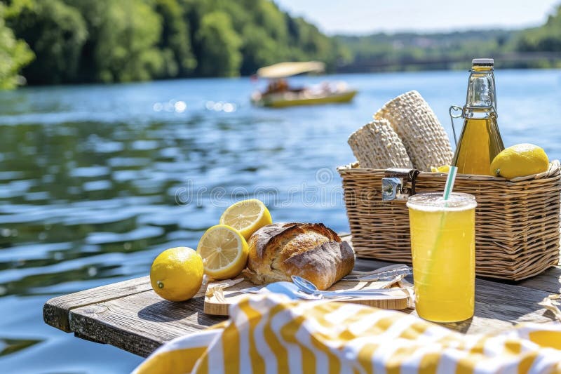 Utrymme till idylliska sommardagar med en charmerande picknickscen Freshly bakade hantverksbröd vid sidan av ett uppfriskande glas vektor illustrationer