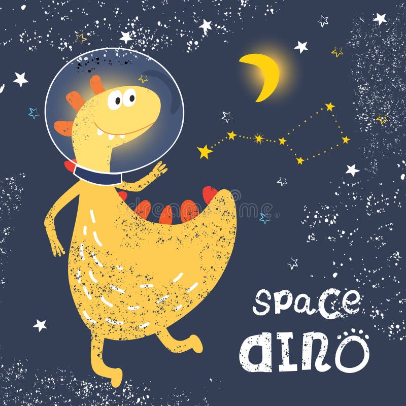 Utrymmedinosaurie i ett spacesuitflyg in i utrymme Konstellation Ursa Minor Trendig grungetextur eller tryck för barns desi royaltyfri illustrationer Utrymmedinosaurie i ett spacesuitflyg in i utrymme Konstellation Ursa Minor Trendig grungetextur eller tryck för barns desi royaltyfri illustrationer