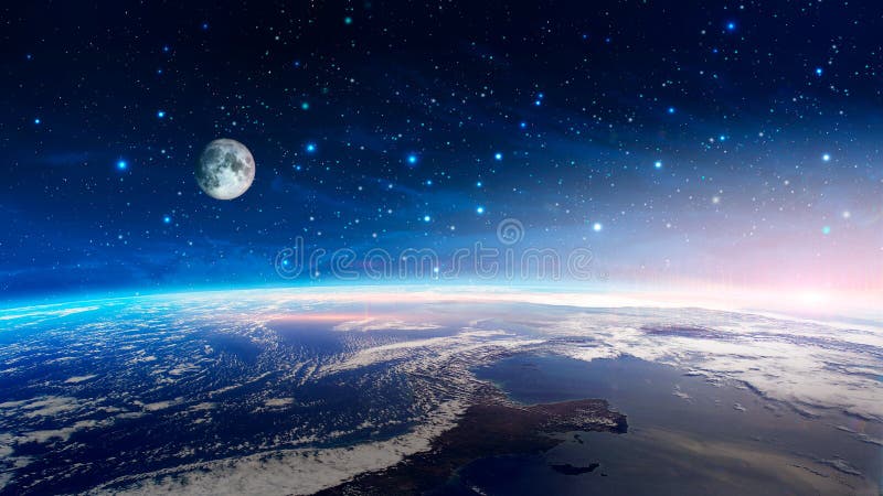 Utrymmeplats Färgrik nebulosa med den jordplaneten och månen med stjärnor Beståndsdelar som möbleras av NASA framförande 3d arkivfoton