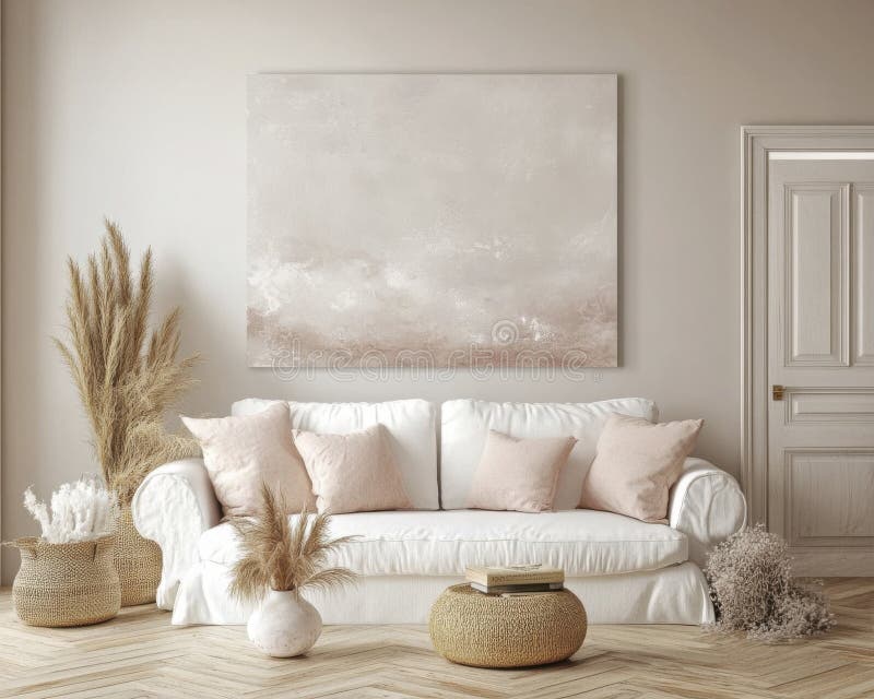 Utskrift av abstrakt konst över vitt sofa i minimalistiskt levnadsrum för Beige och Blush Pink Abstract Art Skriv ut över vitt sof vektor illustrationer