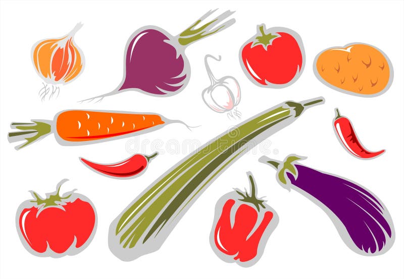 The stylized tomatoes, pepper, eggplant, onion, garlic, potatoes and zucchini on a white background. The stylized tomatoes, pepper, eggplant, onion, garlic, potatoes and zucchini on a white background.
