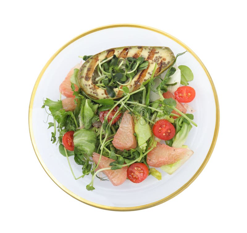 Utsökt pomelosallad med grillad avokado och tomater på vit bakgrund arkivfoto