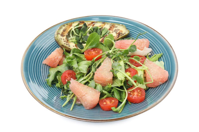 Utsökt pomelosallad med grillad avokado på vit bakgrund arkivfoton