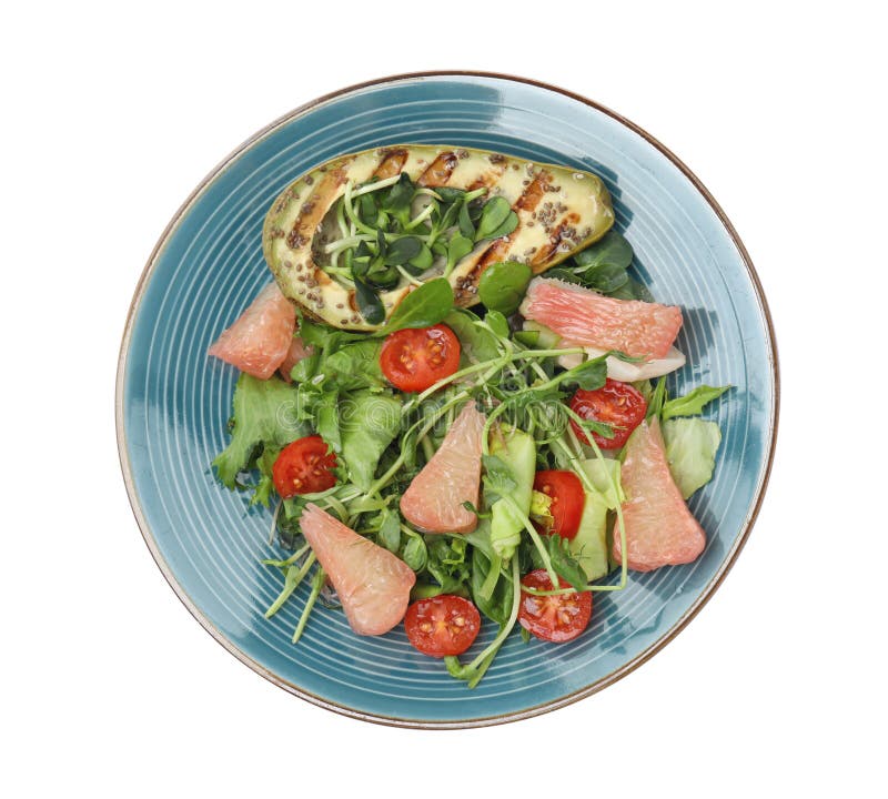 Utsökt pomelosallad med grillad avokado på vit bakgrund överst royaltyfri bild