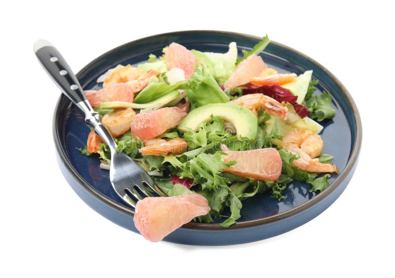 Utsökt pomelosallad med räkor och gaffel på vit bakgrund royaltyfria bilder