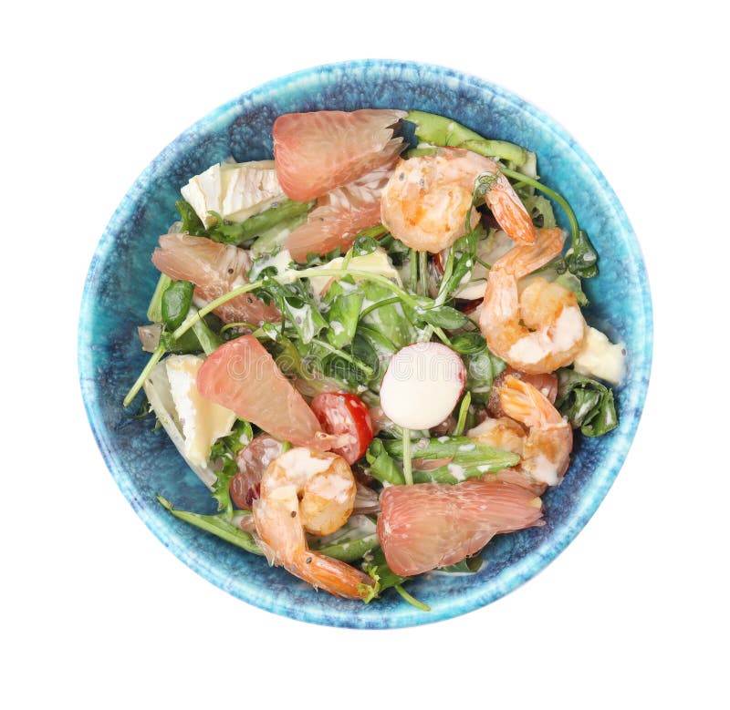 Utsökt pomelosallad med räkor och ost i skålarna på vit bakgrundsvy royaltyfria foton