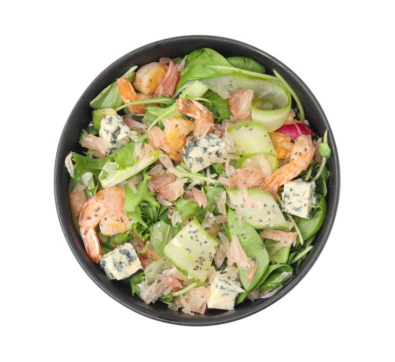 Utsökt pomelosallad med räkor och ost i skålarna på vit bakgrundsvy royaltyfri foto