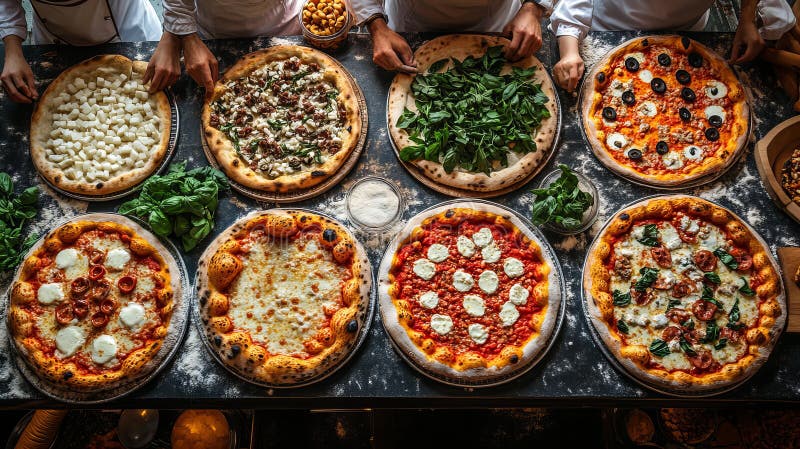 Utsökt variation av nybakade pizzor som serveras på en bustling pizzeria under kvällen stock illustrationer