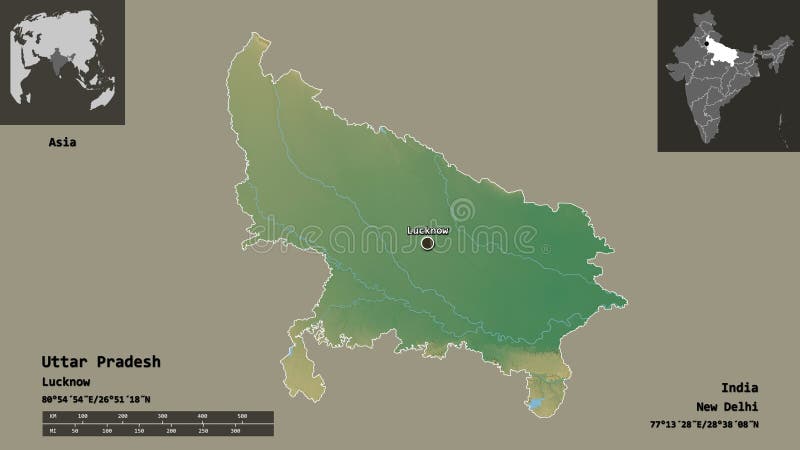Up Map With Distance Uttar Pradesh, State Of India,. Previews. Relief Stock Illustration -  Illustration Of Subregion, View: 193799936