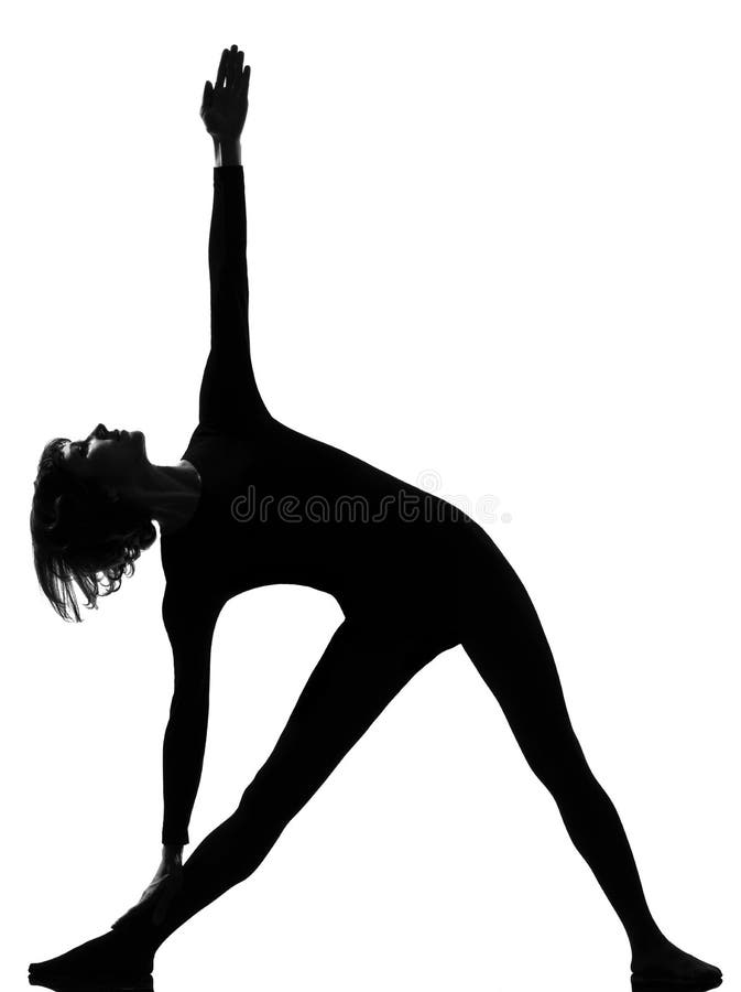 Utthita trikonasana triangle pose position woman posture position in silhouette on studio white background