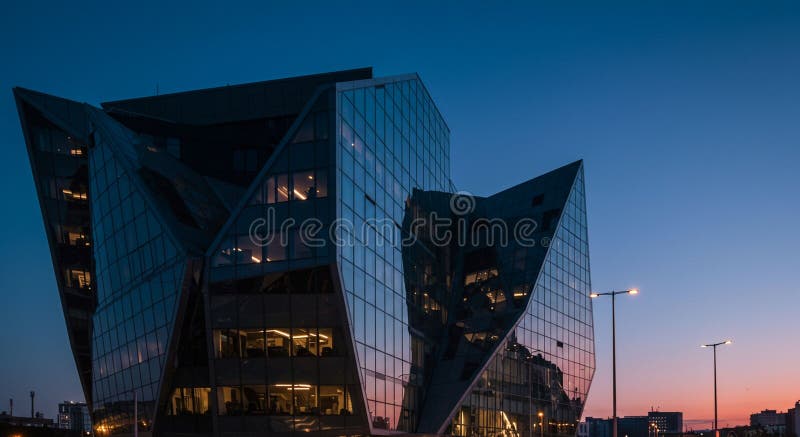 Uturistic building with a striking, angular design, located in an urban setting against a vector illustration
