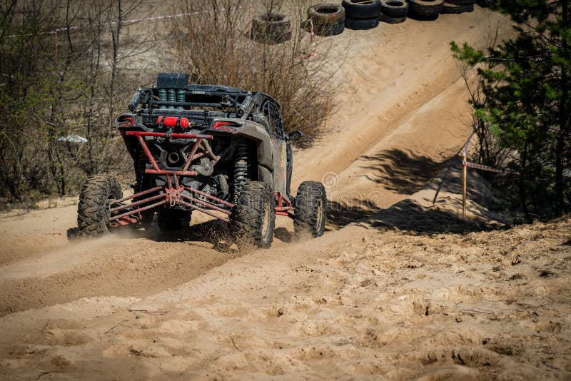 UTV, ATV Off Road Driving in Sandy Open Area. Buggy Extreme Riding