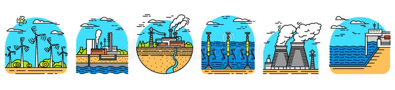 Utveckling av energi Kraftverksymboler byggnadsf?rger kontrastr h?gt industriellt St?ll in av ekologiska k?llor av elektricitet vektor illustrationer Utveckling av energi Kraftverksymboler byggnadsf?rger kontrastr h?gt industriellt St?ll in av ekologiska k?llor av elektricitet vektor illustrationer