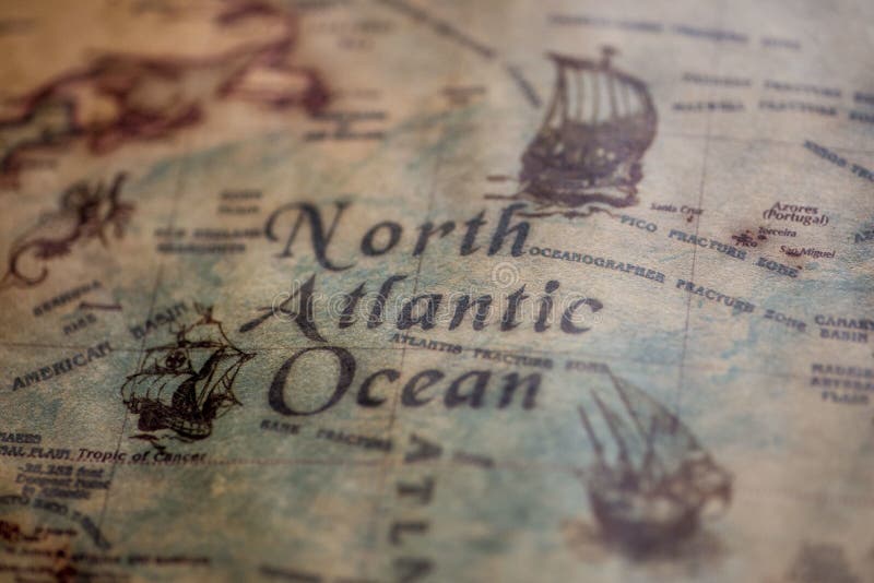 Utwór z północnego Oceanu Atlantyckiego na mapie rocznika zdjęcia stock