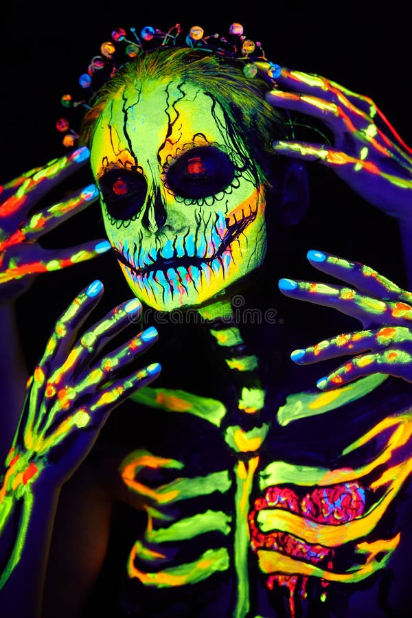 UV Body Art Painting of Helloween Female Skeleton Stock Image - Image of  celebration, culture: 159811015