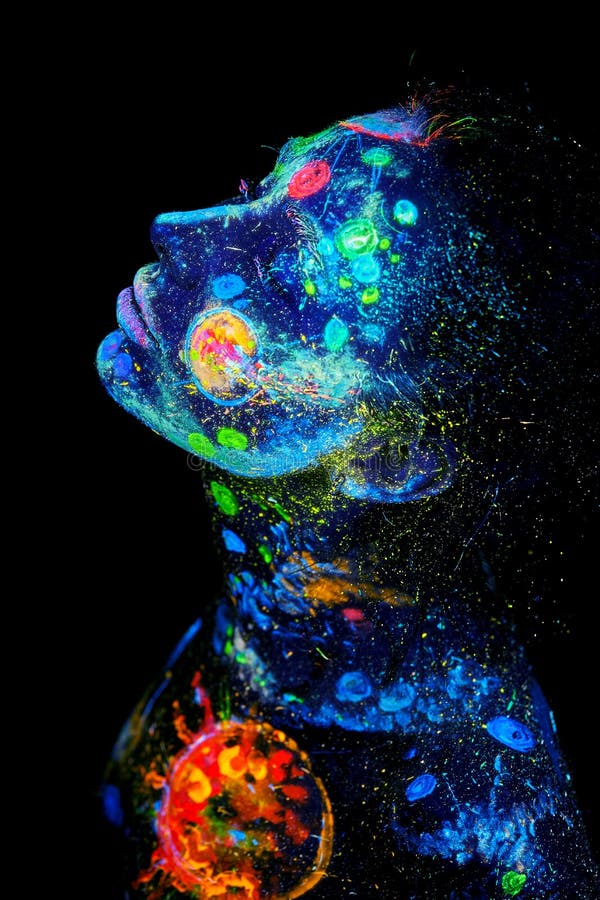 UV Painting Of A Universe On A Female Body Portrait Stock 