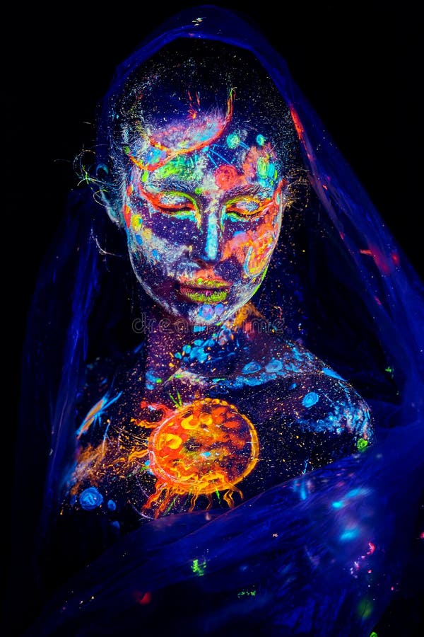 UV painting of a universe on a female body portrait