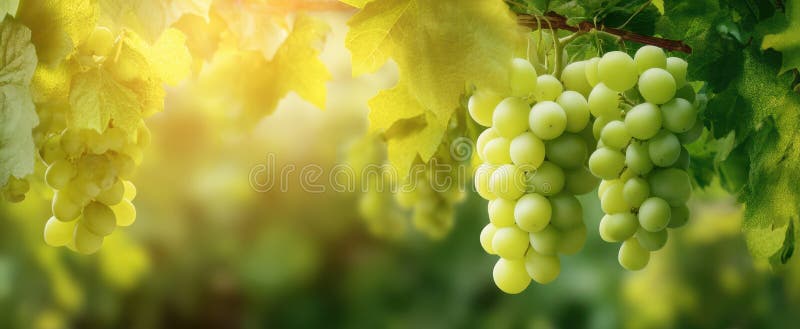 Uva verde di colore rosso appesa in un vigneto illuminato dal sole circondato da foglie vibrantiImmagine generata da AI immagini stock libere da diritti