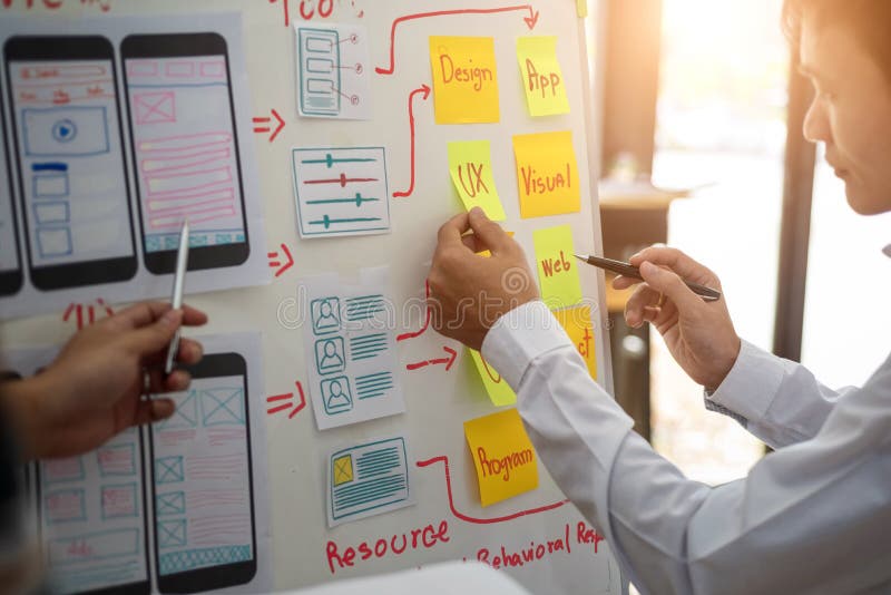 UX designer creative group working about planing mobile application project with sticky notes. User experience concept royalty free stock image UX designer creative group working about planing mobile application project with sticky notes. User experience concept royalty free stock image