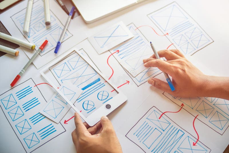 Ux Graphic designer creative sketch planning application process development prototype wireframe for web mobile phone . User. Experience concept royalty free stock image Ux Graphic designer creative sketch planning application process development prototype wireframe for web mobile phone . User. Experience concept royalty free stock image
