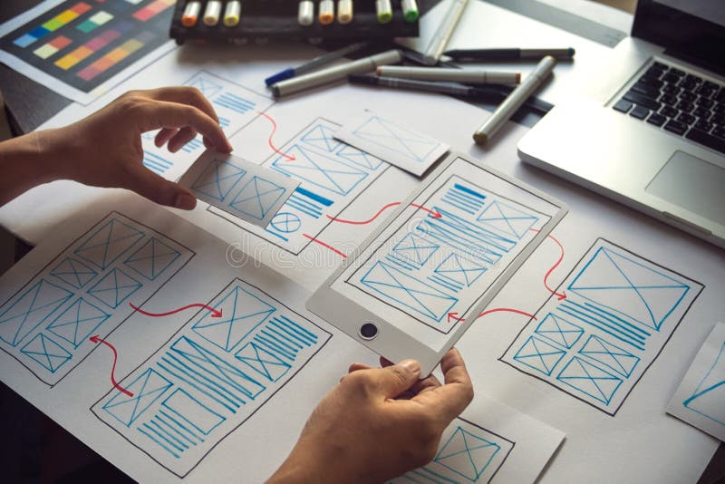 Ux Graphic designer creative sketch planning application process development prototype wireframe for web mobile phone . User. Experience concept stock photo Ux Graphic designer creative sketch planning application process development prototype wireframe for web mobile phone . User. Experience concept stock photo