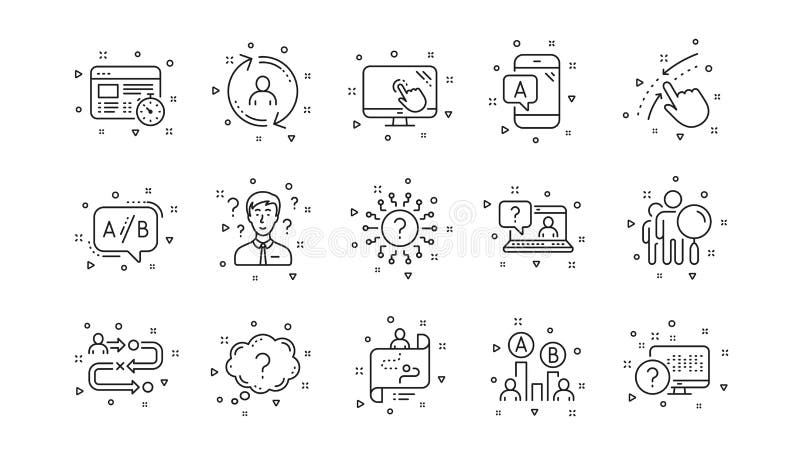 UX line icons. AB testing, Journey path map and Question mark. Linear icon set. Vector royalty free illustration