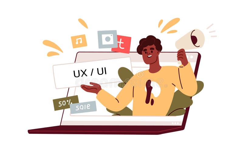 UX UI design development, creative online course. Internet education for web-designers, website developers. E-learning stock illustration