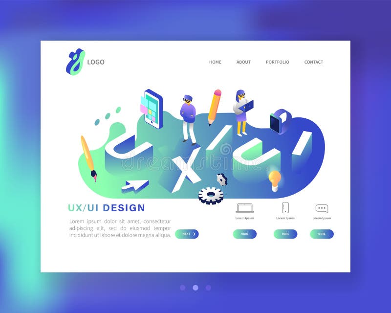 UX and UI Design Landing Page Template. Mobile App and Website Development. Isometric Web Page Layout. Easy to edit royalty free illustration