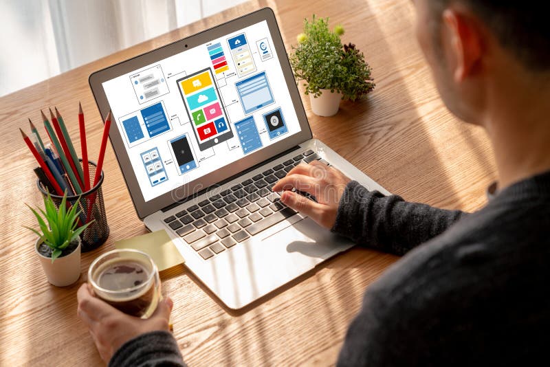 UX UI design process for modish mobile application and website stock images