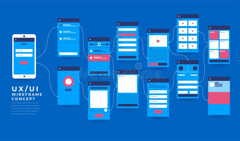 UX UI Flowchart. Mock-ups mobile application concept flat desig stock illustration