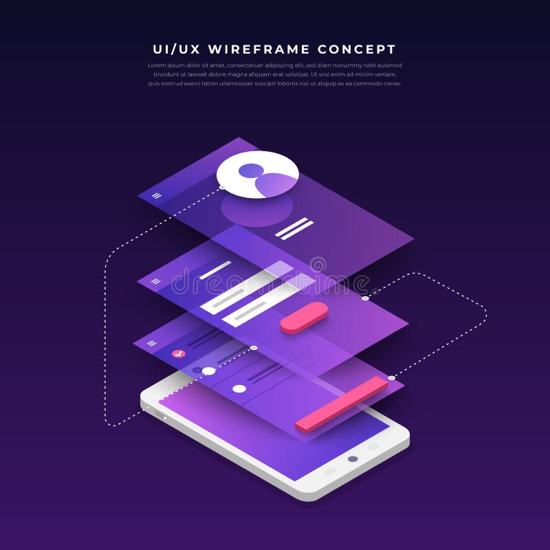 UX UI Flowchart. Mock-ups mobile application concept isometric vector illustration