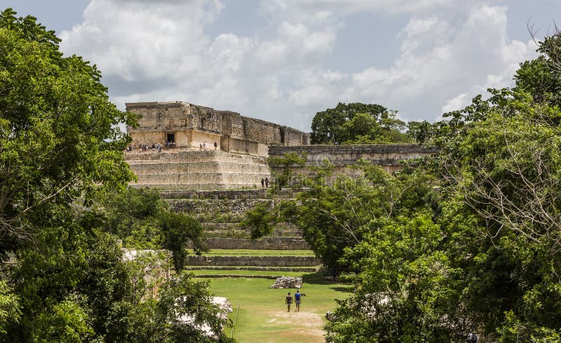View of the Archaeological Zone of Uxmal, on the left side the governor`s palace in all its splendor stock photography View of the Archaeological Zone of Uxmal, on the left side the governor`s palace in all its splendor stock photography