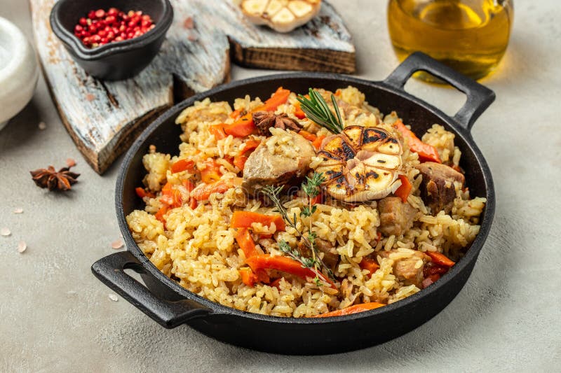 Uzbek Food Pilaf in Cast-iron Pan. Banner, Menu, Recipe Place for Text ...