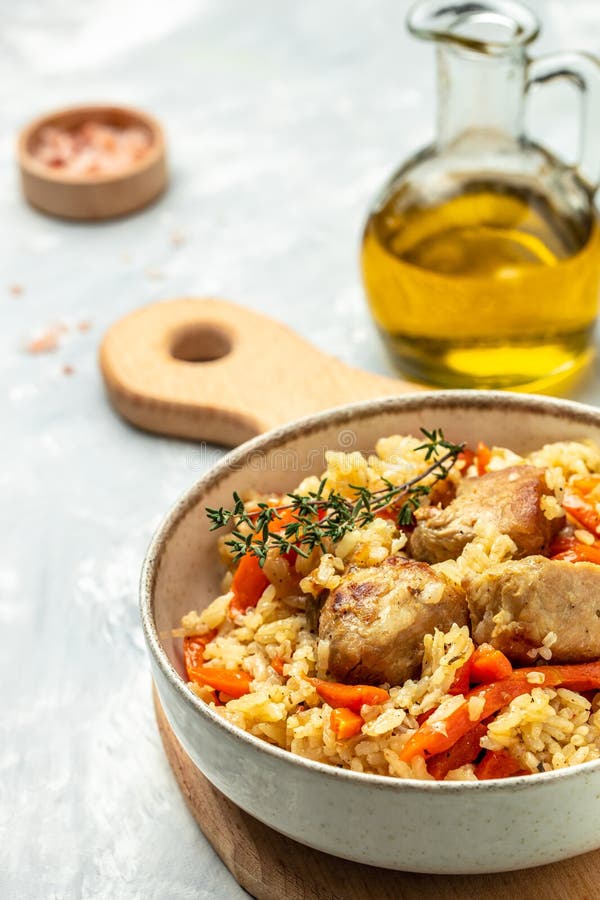 Uzbek Pilaf with Meat. Vertical Image. Top View Stock Photo Image of
