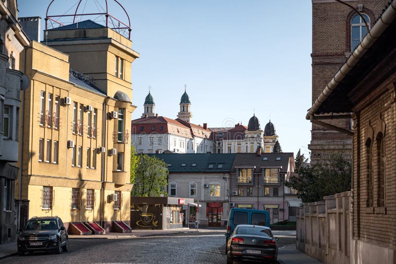 UZHHOROD, UKRAINE - APRIL 12, 2020: Streets and architecture of the old city of Uzhgorod royalty free stock photos UZHHOROD, UKRAINE - APRIL 12, 2020: Streets and architecture of the old city of Uzhgorod royalty free stock photos