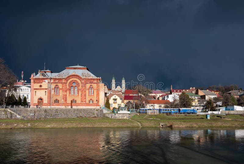 UZHHOROD, UKRAINE - FEBRUARY 12, 2020: Facade of a historic building synagogue in Uzhhorod, Ukraine