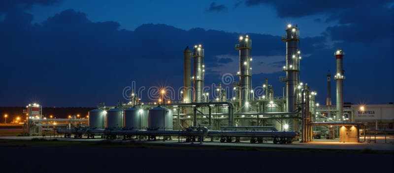 Uzină chimică modernă pe timp de noapte evidențiată de un echipament și de rezervoare de înaltă presiune într-o zonă-uzină din cad vector illustration