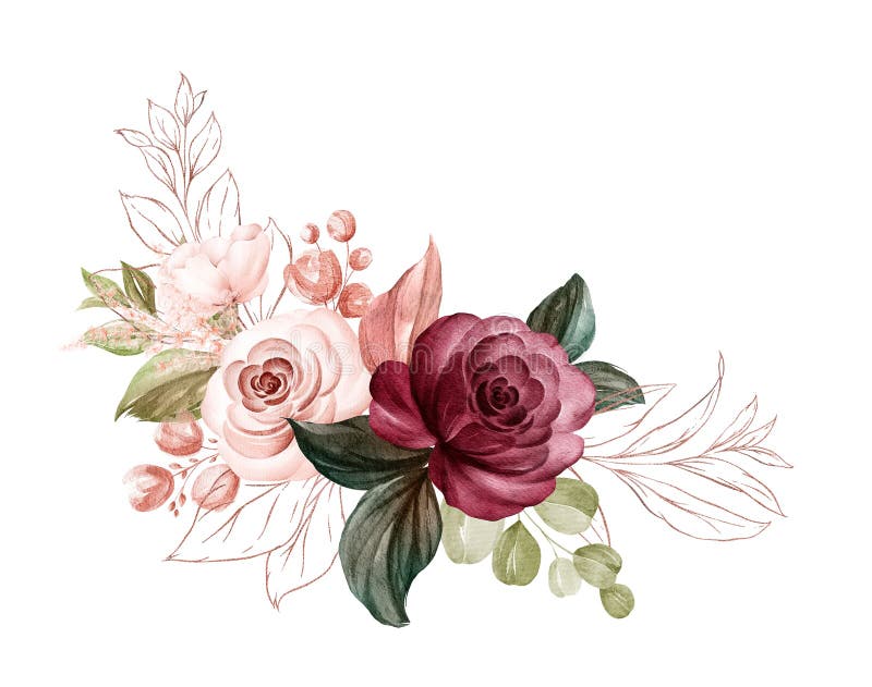 Ułożenie miękkich róż brązowych i burgundzkich z liśćmi brokatowymi. ilustracja dekoracji botanicznej dla karty ślubnej