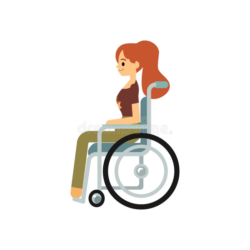 Uśmiechający się niepełnosprawnego kobiety obsiadanie w wózku inwalidzkim w bocznego widoku płaskiej kreskówce projektuje ilustracji Uśmiechający się niepełnosprawnego kobiety obsiadanie w wózku inwalidzkim w bocznego widoku płaskiej kreskówce projektuje ilustracji