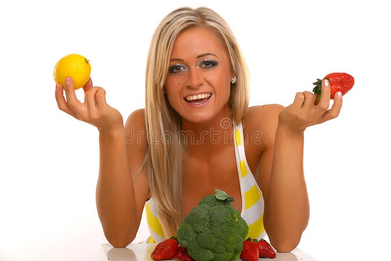 Uśmiechnięta Kobieta Z Owoc I Warzywo Obraz Stock Obraz Złożonej Z Cytryna Warzywa 42797403 8516