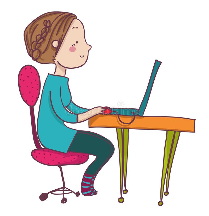 Uśmiechnięta kreskówki kobieta przy laptopem